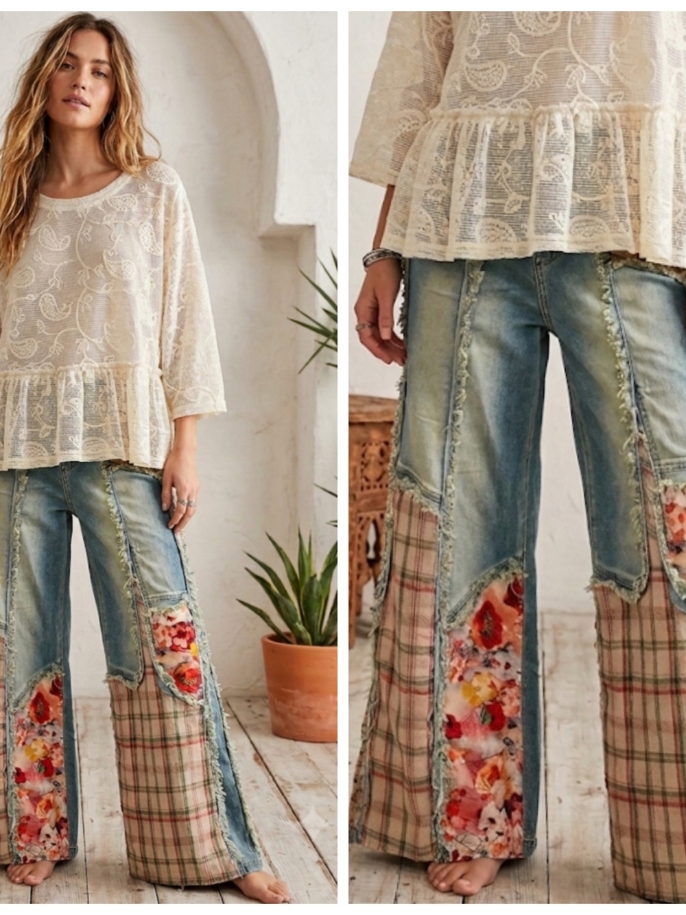 Boho Patchwork Floral Plaid Distressed Wide-Leg Jeans  Blue